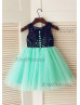Ivory Lace Turquoise Tulle Knee Length Flower Girl Dress
